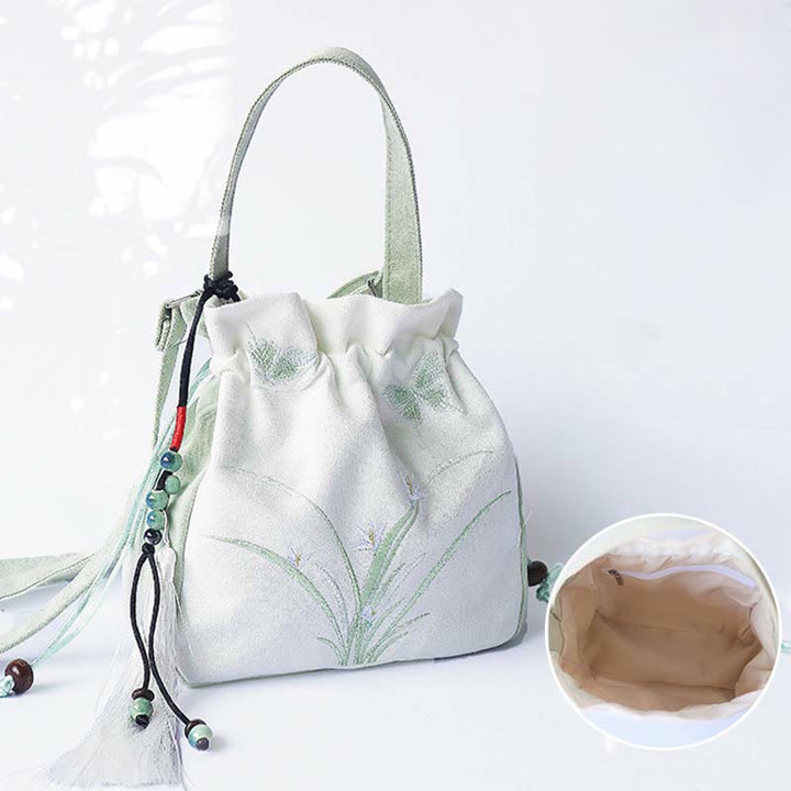 Bolso de hombro de lona con flores bordadas hechas a mano con Buddha Stones