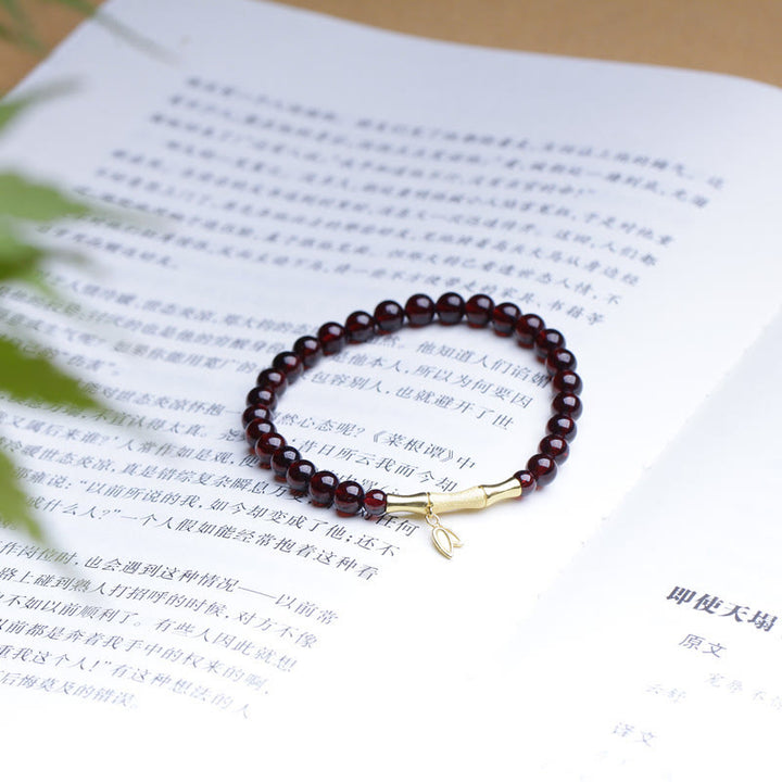 Pulsera de protección de bambú con granate natural, chapado en plata de ley 925, oro chapado en cobre de 14 quilates con Buddha Stones