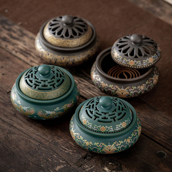 Quemador de incienso de cerámica para meditación, fuente de humo de reflujo con patrón Floral de dragón, decoración