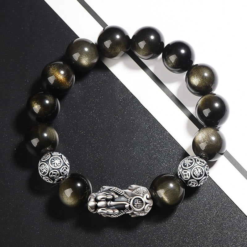 Pulsera de protección de la riqueza PiXiu de obsidiana brillante de oro natural de plata de ley 925 con Buddha Stones - image 4