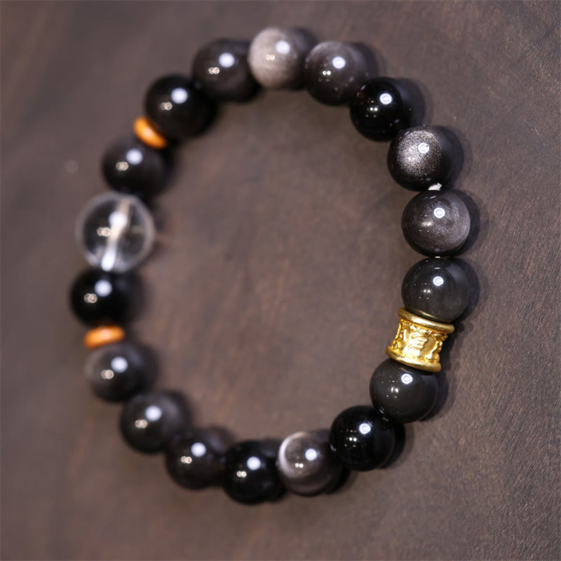 Pulsera de protección de cuentas Om Mani Padme Hum de cristal de obsidiana brillante de plata Natural con Buddha Stones