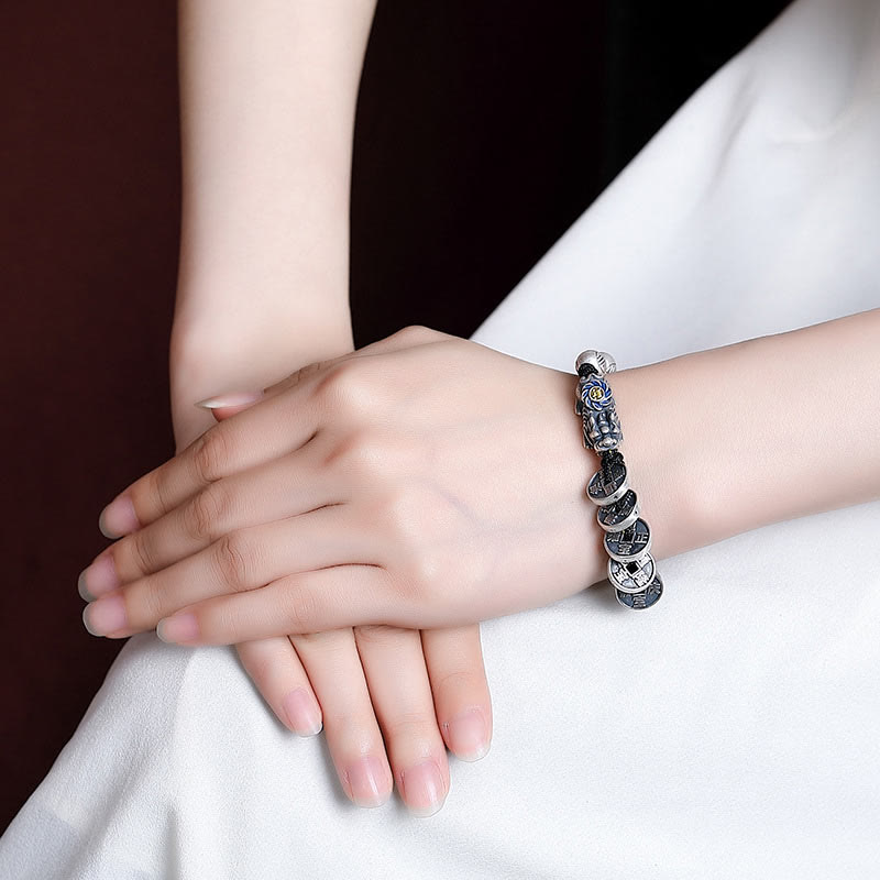 Pulsera trenzada de plata de ley 999 con Buddha Stones FengShui PiXiu, moneda de cobre, personaje Fu, riqueza