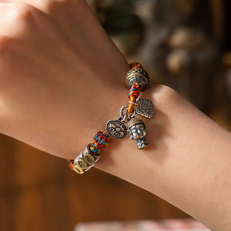 Buddha Stones hechas a mano tibetana de plata de ley 925, zodíaco chino, Buda natal Zakiram, diosa de la protección de la riqueza, pulsera trenzada de cuerda multicolor