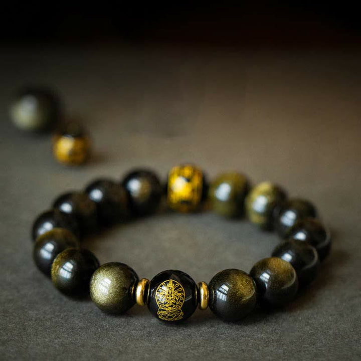 Pulsera de protección de la riqueza de obsidiana con brillo dorado del Buda Natal del zodíaco chino
