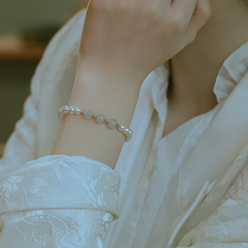 Pulsera de cadena de cuentas de sinceridad de jade blanco de jade cian hetiano de perlas naturales chapadas en oro de 14 quilates