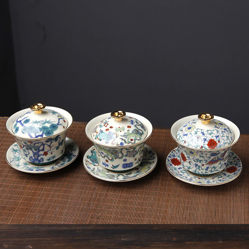 Buddha Stones Retro, flor de ciruelo, pino, bambú, Phoenix Kirin, cerámica Gaiwan Sancai, taza de té de Kung Fu y platillo con tapa