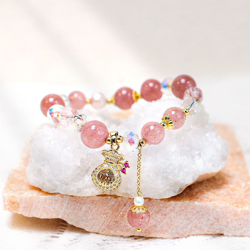 Pulsera positiva con dije para bolsa de dinero con cristal de cuarzo fresa Natural y Buddha Stones