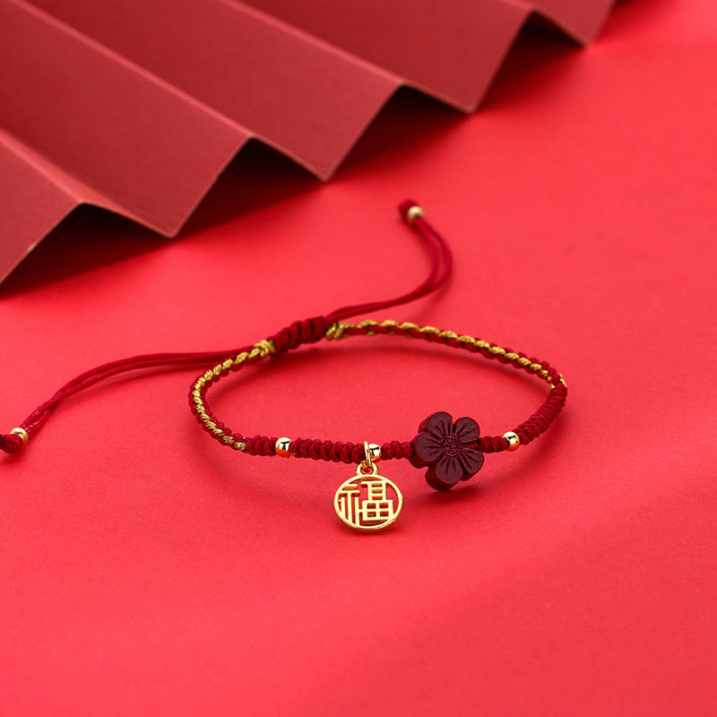 Pulsera de hilo trenzado con Buddha Stones, flor de cinabrio, carácter Fu, bendición