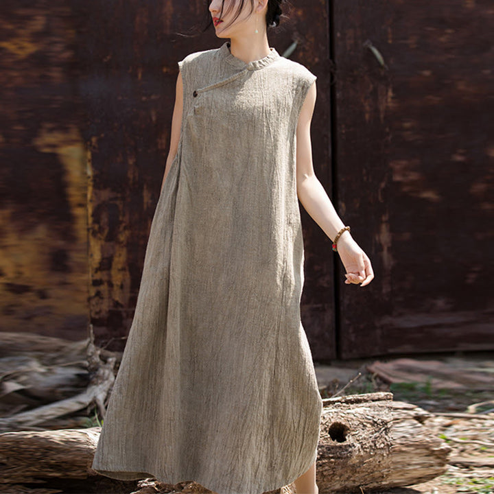 Vestido midi teñido anudado hecho a mano con Buddha Stones Vestido sin mangas de lino