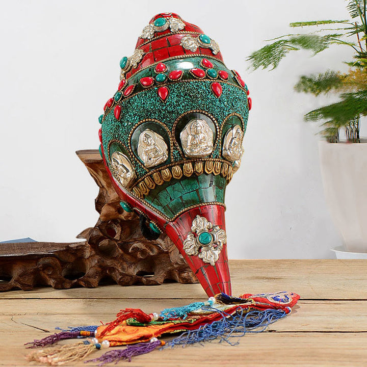 Tibetano hecho a mano Shankha Om Mani Padme Hum Buda Avalokitesvara turquesa Concha decoración positiva