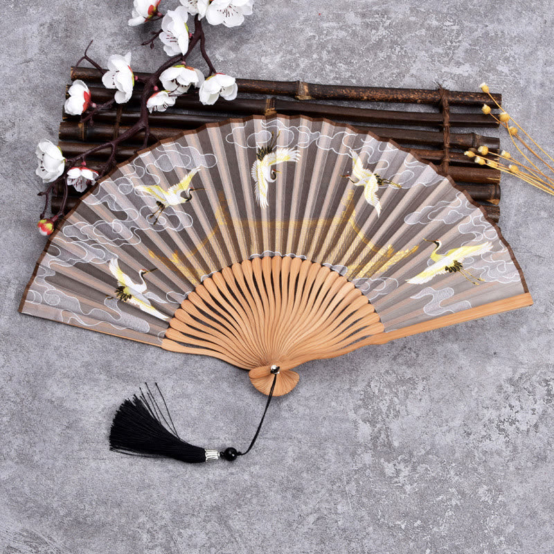 Abanico plegable de bambú de mano con diseño de grulla de nube vintage de Buddha Stones - Caqui - image 6