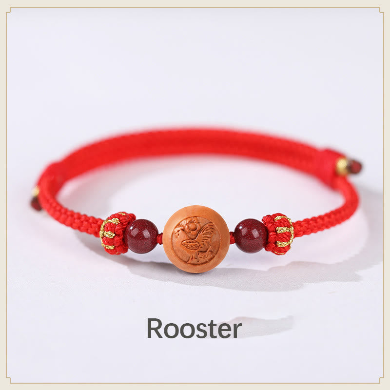 Pulsera de riqueza de cinabrio tallada con carácter del zodíaco chino, madera de melocotón Natural, Buddha Stones