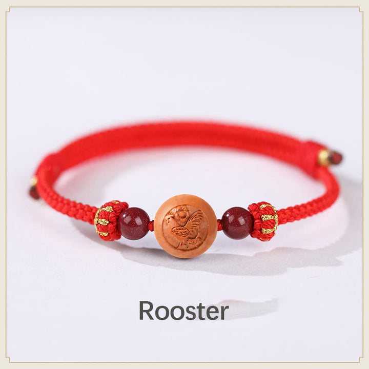 Pulsera de riqueza de cinabrio tallada con carácter del zodíaco chino, madera de melocotón Natural, Buddha Stones