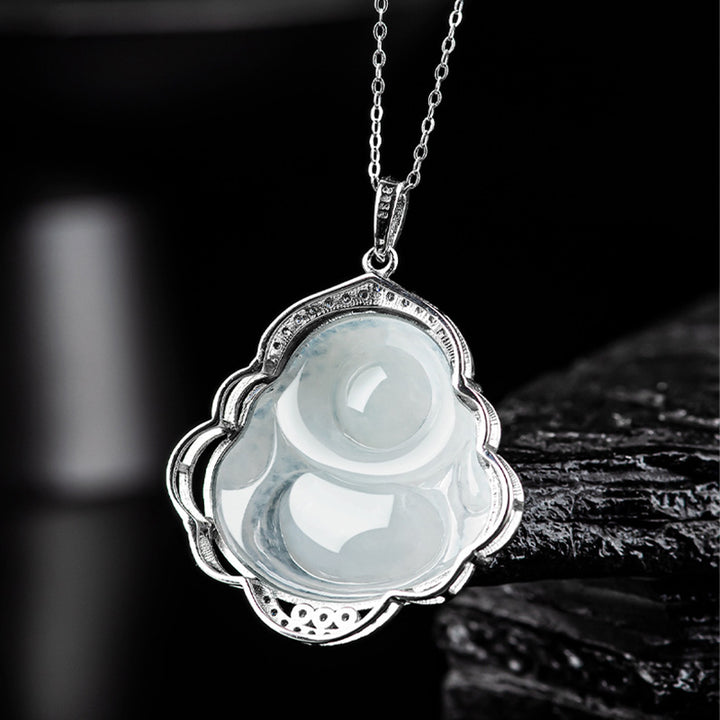 Collar con colgante de plata de ley 925 con Buddha Stones , diseño de Buda sonriente, jade natural - image 7