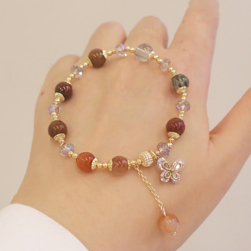 Pulsera con dije de mariposa de Cuarzo rutilado, cristal de arco iris, Fu Lu Shou Natural, Buddha Stones