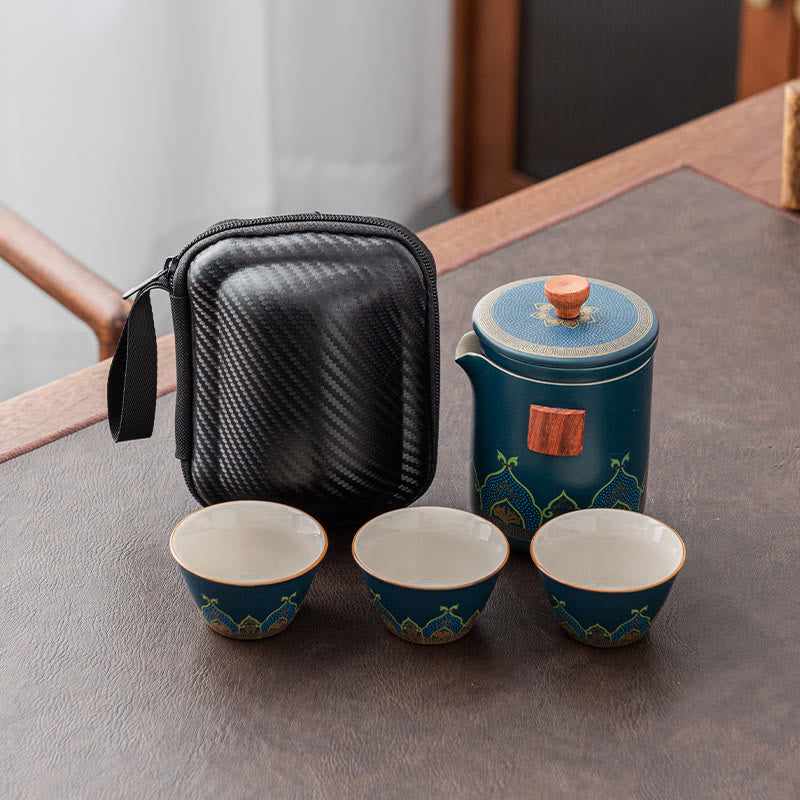 Tetera de cerámica de Gongfu chino con flores de Buddha Stones , bolsa portátil para juego de té de viaje al aire libre - Cian - 1 Tetera+3 Tazas+1 Bolsa - image 1