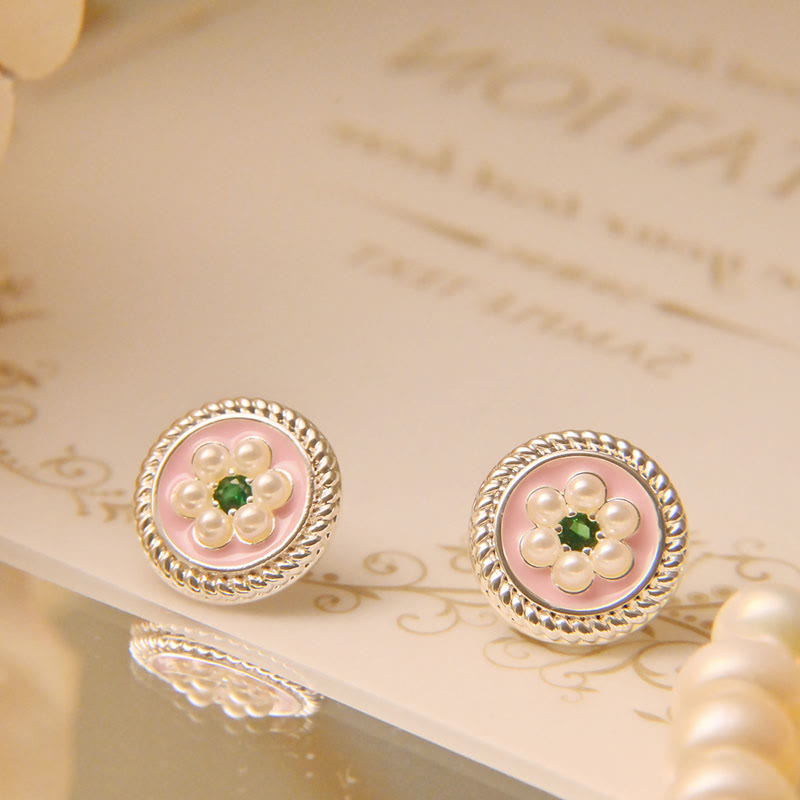 Pendientes de la suerte con flores esmaltadas y Buddha Stones