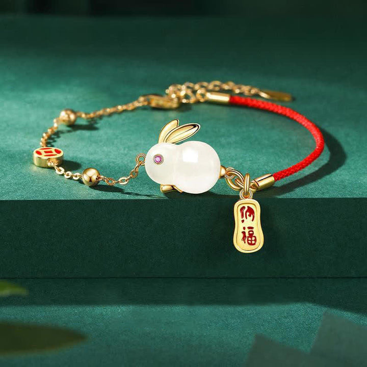 Buddha Stones Año del Conejo Jade Blanco Felicidad Pulsera de Cadena de Hilo Rojo