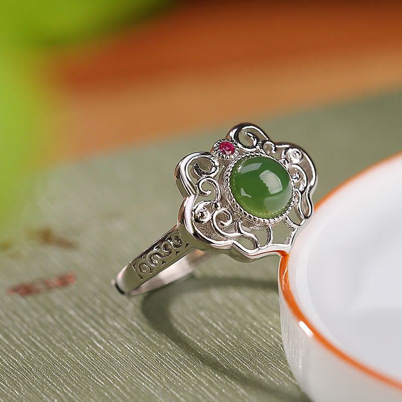 Juego de pendientes de anillo de la suerte con diseño hueco de jade cian hetiano natural de plata de ley 925 con Buddha Stones