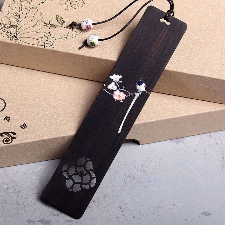 Marcapáginas de madera de ébano con diseño de flor de pájaro Oriole de Buddha Stones con caja de regalo