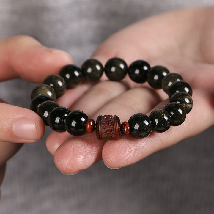 Pulsera curativa con carácter de obsidiana arcoíris de obsidiana con brillo de oro natural con Buddha Stones Om Mani Padme Hum Fu