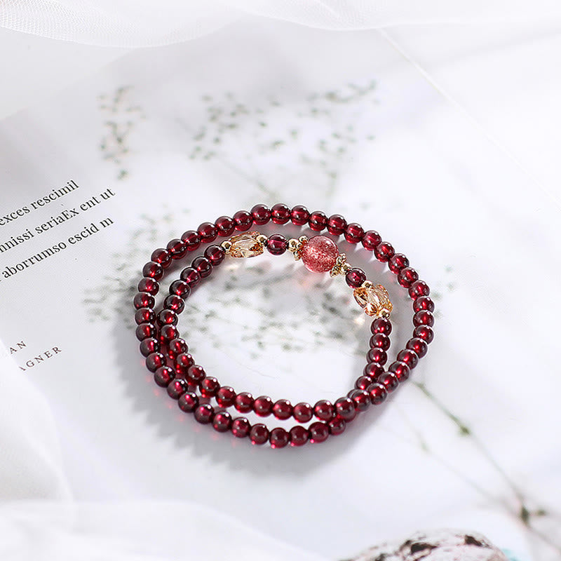 Pulsera de doble vuelta con protección de mariposa, cuarzo fresa, granate natural, chapada en oro de 14 quilates con Buddha Stones
