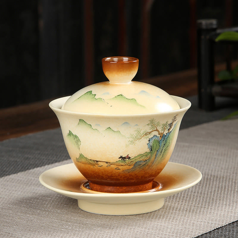 Taza de té y platillo con tapa, cerámica Gaiwan Sancai, paisaje de montaña, Buddha Stones, Kung Fu - 11 cm x 10 cm x 100-130 ml - image 0