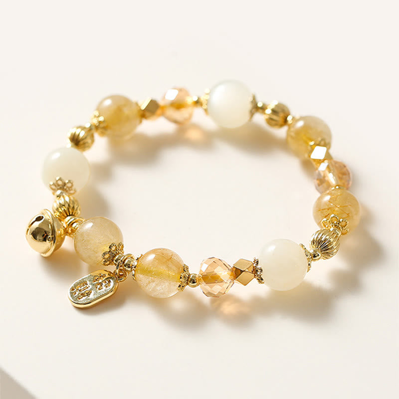 Pulsera con amuleto de la fortuna de la suerte, campana de la riqueza, cuarzo rutilado dorado, chapado en oro de 14 quilates con Buddha Stones