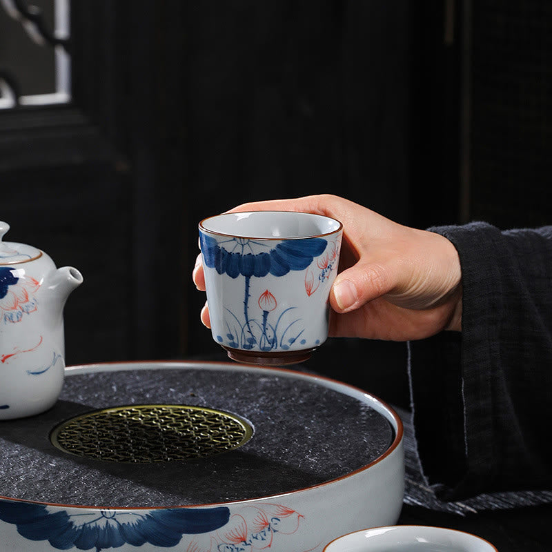 Tazas de té de cerámica de bambú con hojas de flor de loto y Buddha Stones, tazas de té de Kung Fu