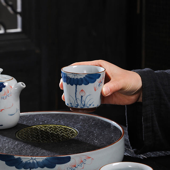 Tazas de té de cerámica de bambú con hojas de flor de loto y Buddha Stones, tazas de té de Kung Fu