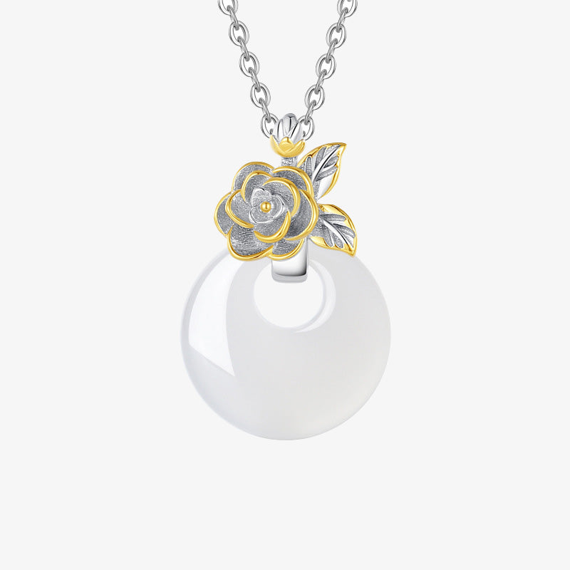 Colgante de collar de armonía de flores de doce meses de calcedonia redonda de plata de ley 925 con Buddha Stones
