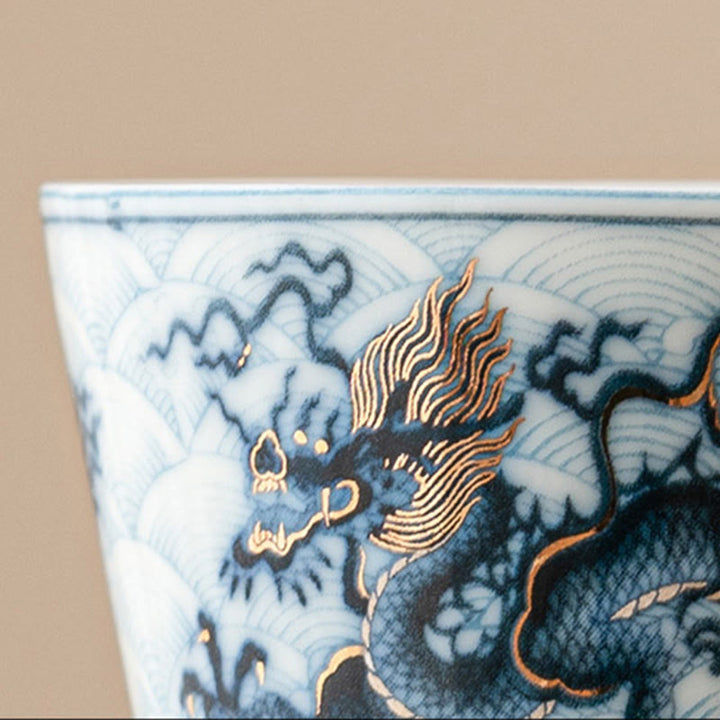 Tazas de té de cerámica con diseño de dragón blanco y azul pequeño de Buddha Stones, tazas de té de Kung Fu de 45ml