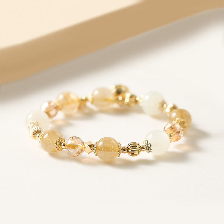 Pulsera con amuleto de la fortuna de la suerte, campana de la riqueza, cuarzo rutilado dorado, chapado en oro de 14 quilates con Buddha Stones