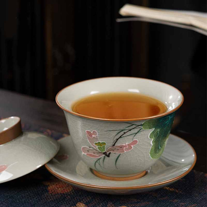 Buddha Stones, loto, pez Koi, hoja de vaina, taza de té de cerámica Gaiwan Sancai, taza de té de Kung Fu y platillo con tapa, 140ml