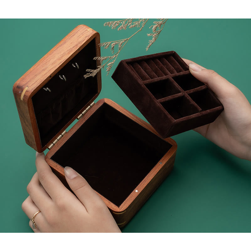 Caja organizadora de regalo de madera, caja de almacenamiento de joyería de palisandro hecha a mano con hoja de flor antigua
