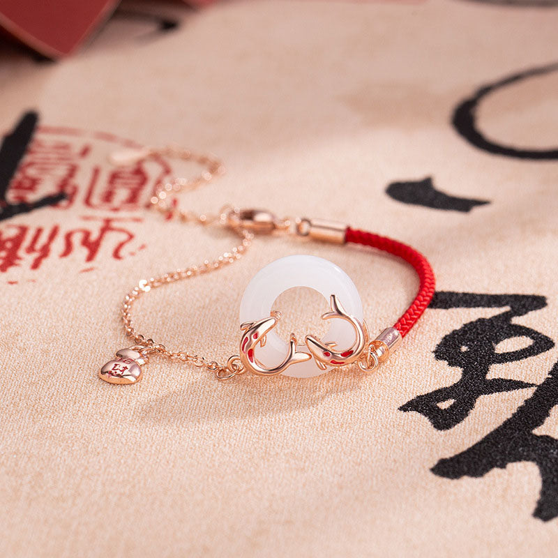 Pulsera con amuleto de la suerte , Buddha Stones, Jade blanco, doble pez Koi, hebilla de la paz, atrae la fortuna