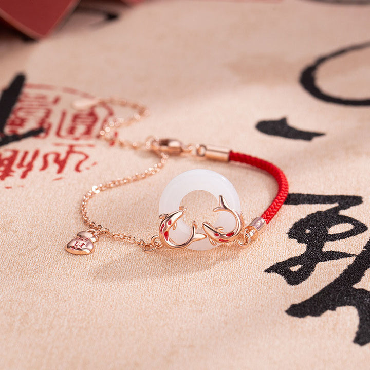 Pulsera con amuleto de la suerte , Buddha Stones, Jade blanco, doble pez Koi, hebilla de la paz, atrae la fortuna