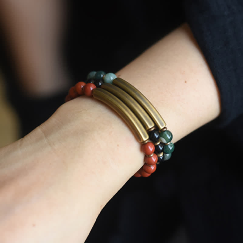 Pulsera de pareja de paz con Buddha Stones, jaspe rojo, ágata de musgo, cristal de obsidiana negra, cobre
