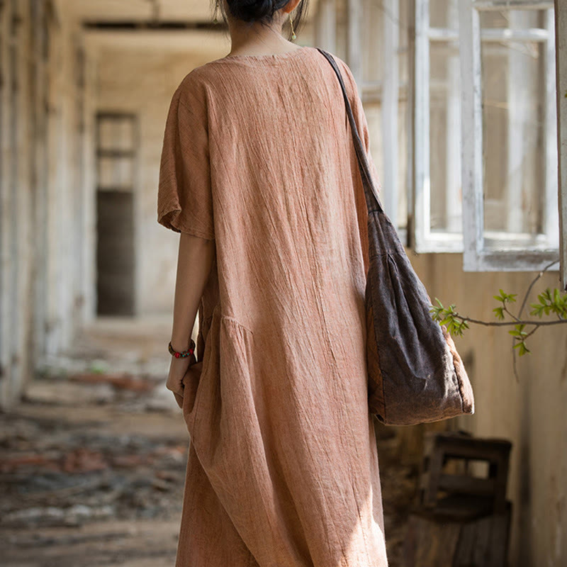 Vestido midi con cuello en V y teñido anudado hecho a mano con Buddha Stones Vestido de manga corta de lino