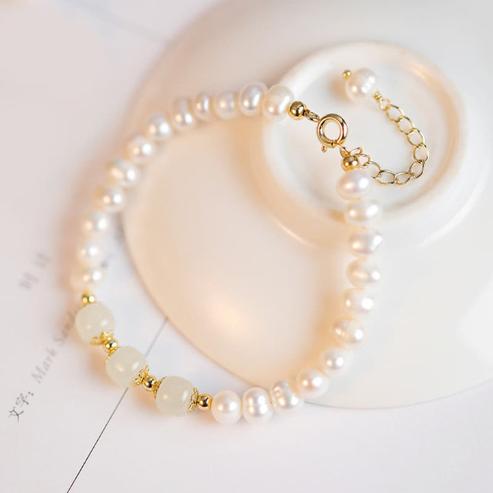Pulsera de cadena de cuentas de sinceridad de jade blanco de jade cian hetiano de perlas naturales chapadas en oro de 14 quilates