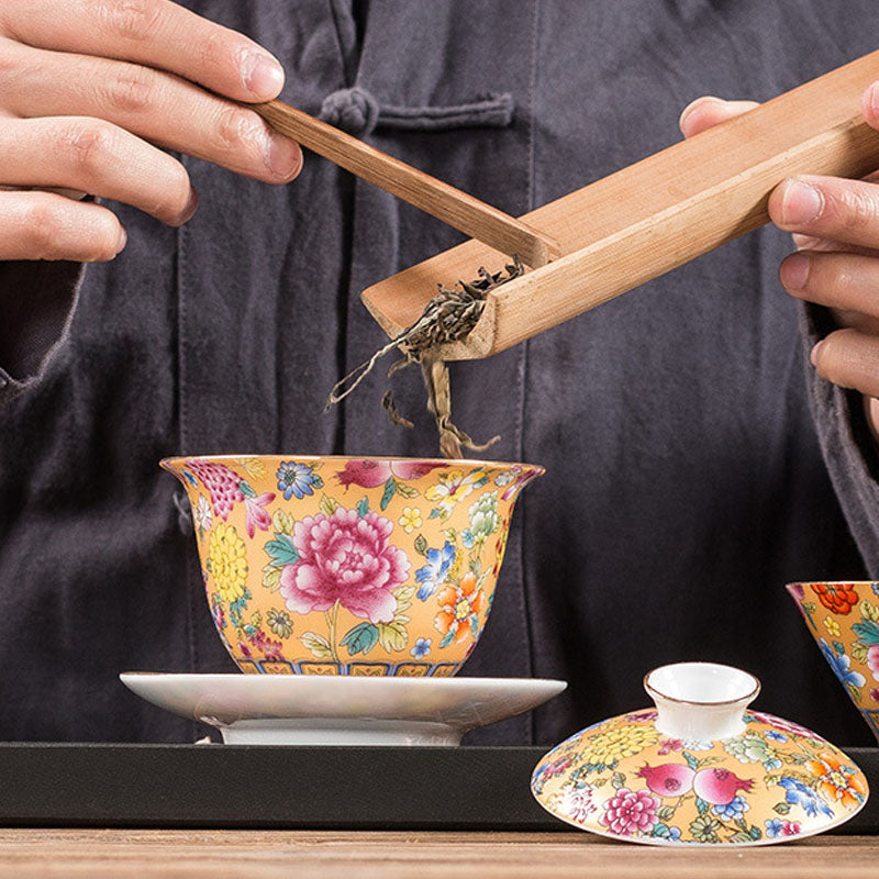 Taza de té y platillo con tapa, Gaiwan Sancai de cerámica, flores de peonía, Buddha Stones , Kung Fu