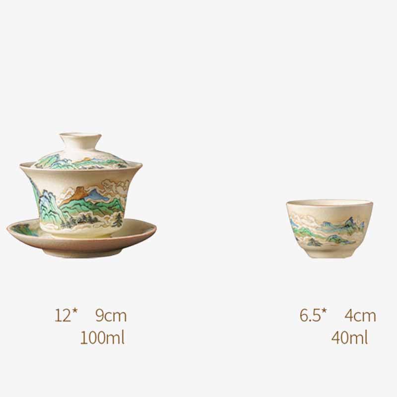 Buddha Stones, un panorama de ríos y montañas, flores, taza de té de cerámica Gaiwan Sancai, taza de té de Kung Fu y platillo con tapa