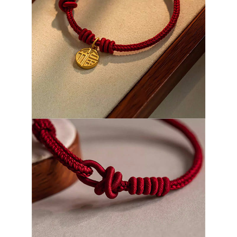 Pulsera de cuerda roja hecha a mano con Buddha Stones, ocho hilos, nudo de la paz, personaje Fu, suerte, felicidad