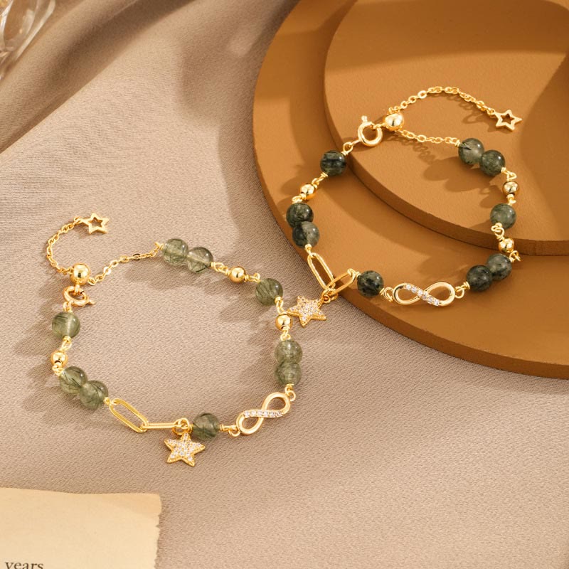 Pulsera de protección de estrella de amor eterno con lazo de Möbius de cuarzo rutilado verde de oro de 14 quilates con Buddha Stones