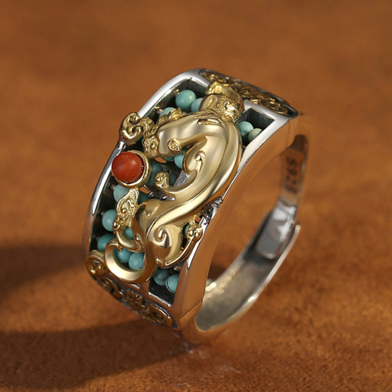 Anillo de protección de ábaco PiXiu de ágata roja turquesa de plata de ley 925 con Buddha Stones