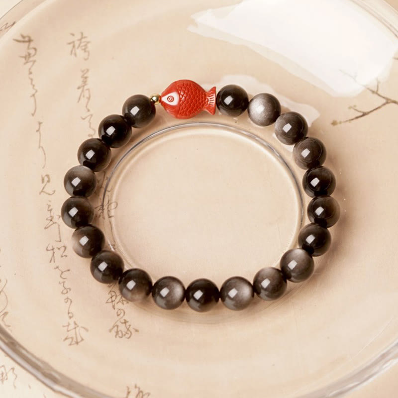 Pulsera de protección calmante con Buddha Stones , obsidiana con brillo de plata natural, cinabrio, pez Koi
