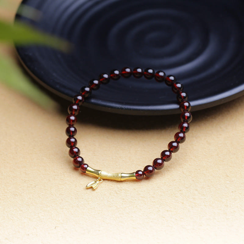 Pulsera de protección de bambú con granate natural, chapado en plata de ley 925, oro chapado en cobre de 14 quilates con Buddha Stones