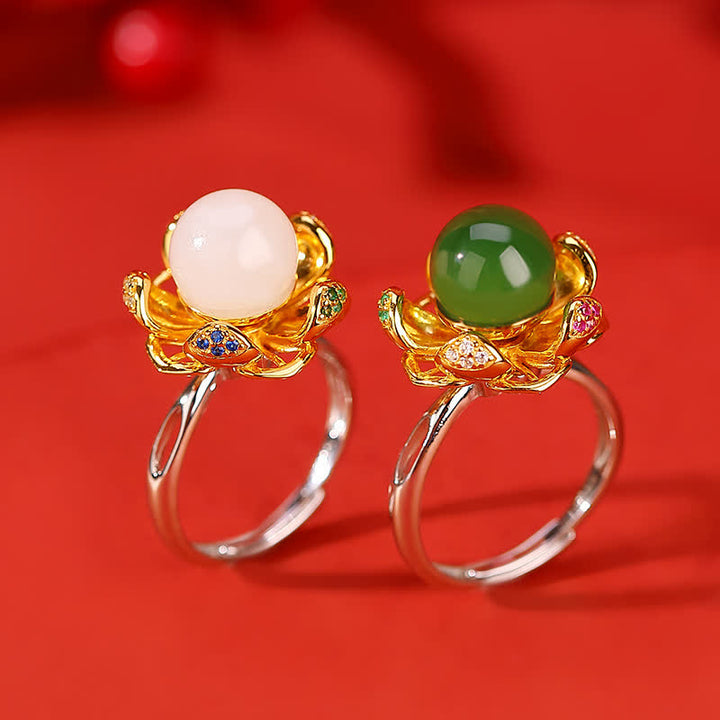 Anillo de éxito de flor de loto de jade cian blanco de plata de ley 925