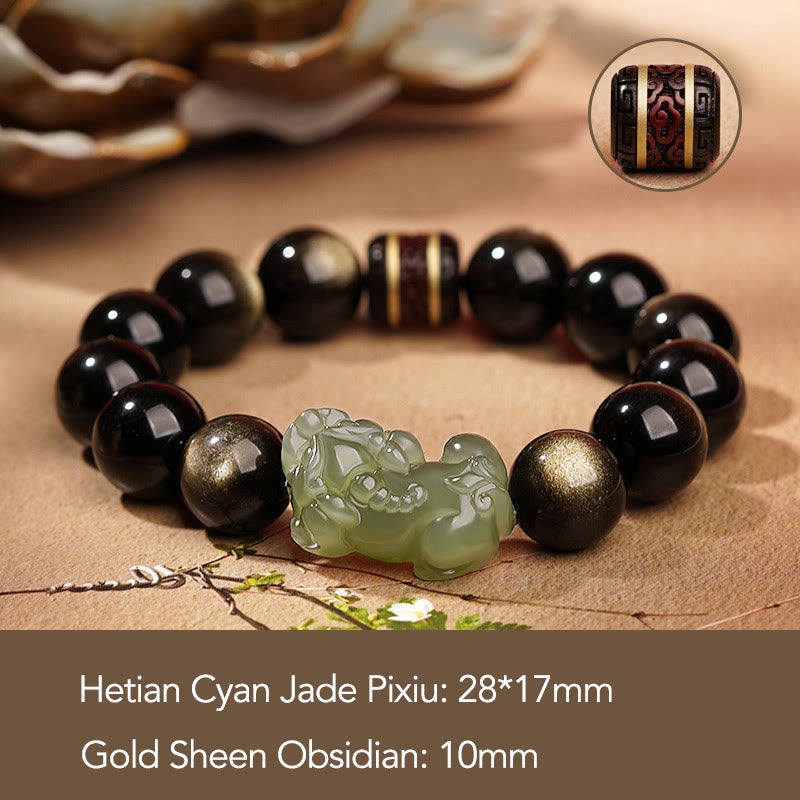 Buddha Stones Brillo de oro natural Obsidiana Hetian Cian Jade Blanco Jade PiXiu Pulsera de riqueza