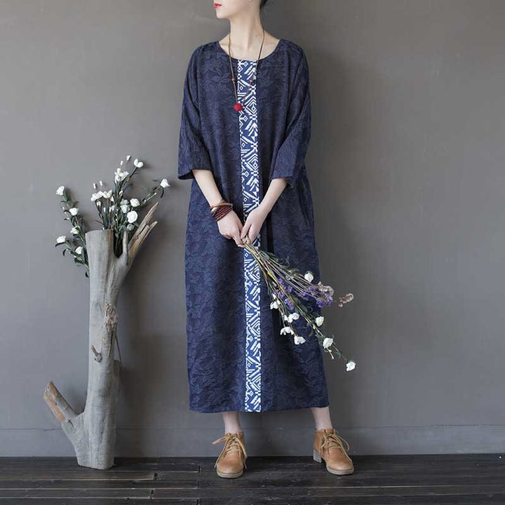 Vestido midi de jacquard con bordado de flores azules y Buddha Stones Vestido de algodón con manga tres cuartos y bolsillos